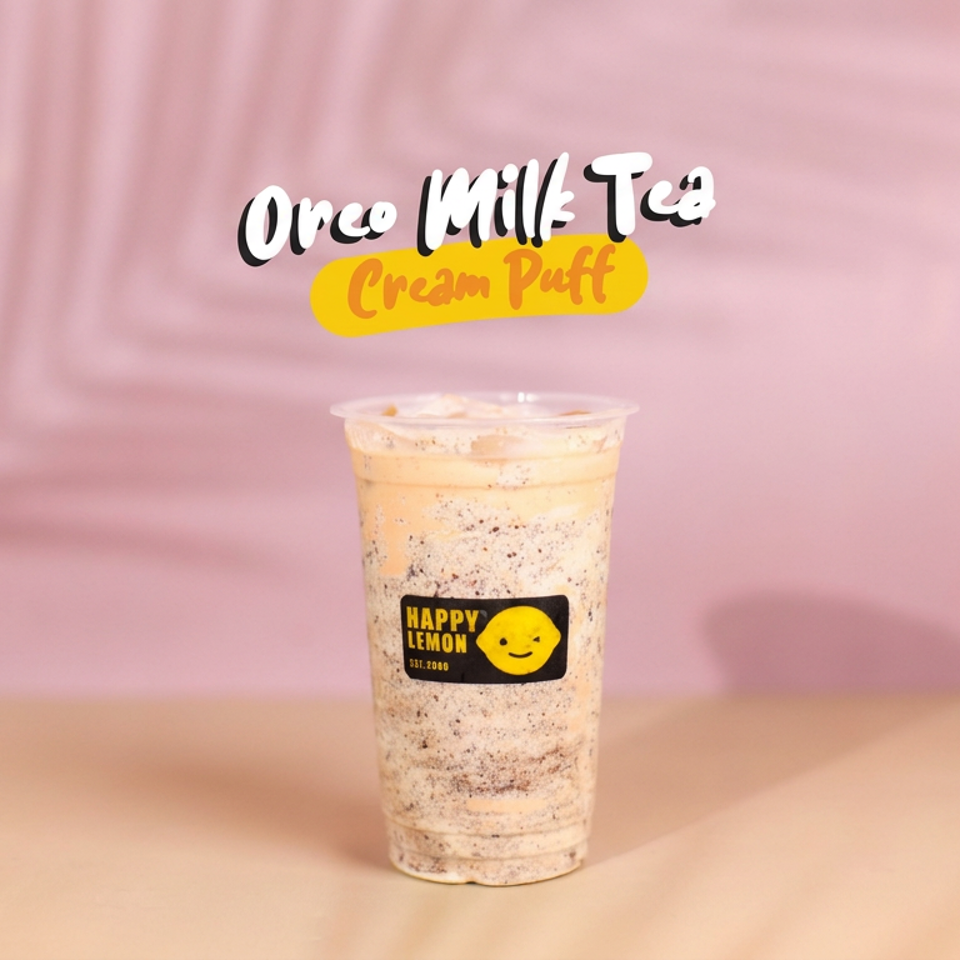 Oreo milk tea cream puff in a branded cup, displayed against a pink backdrop with promotional text.