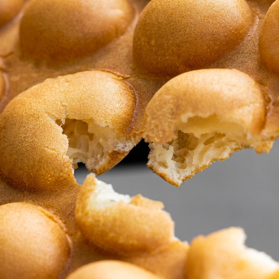 Golden bubble waffles with airy interiors, some torn open to reveal their texture.