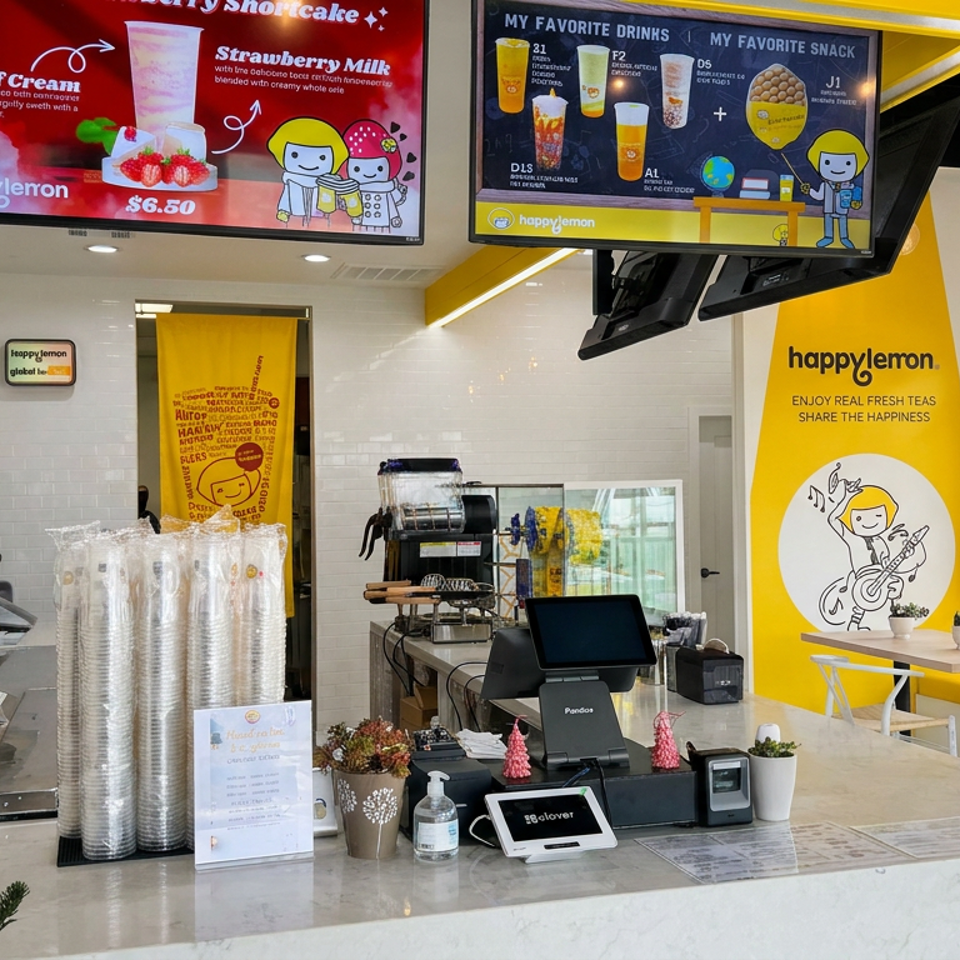 Bright Happy Lemon beverage shop interior with decorated Christmas tree, ordering counter, menu screens, and yellow seating area.