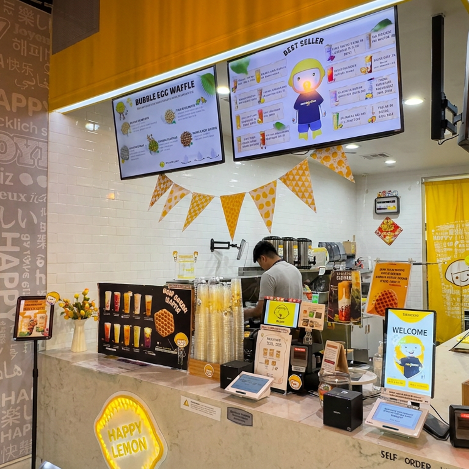 Bright bubble waffle dessert counter with digital menus, yellow decorations, self-order kiosks, and a staff member preparing drinks.