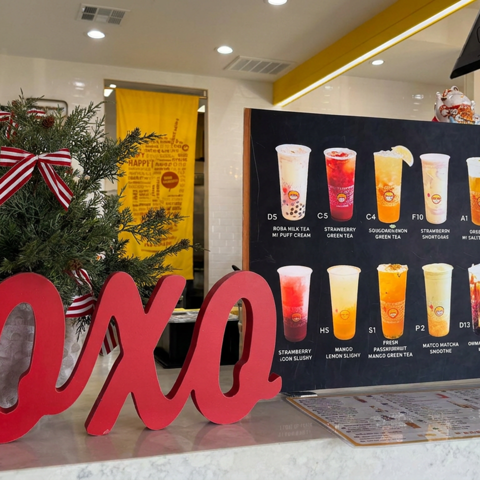 YOUMI bubble tea counter decorated with a Christmas tree, red logo, and menu board displaying colorful drinks and a bubble waffle.