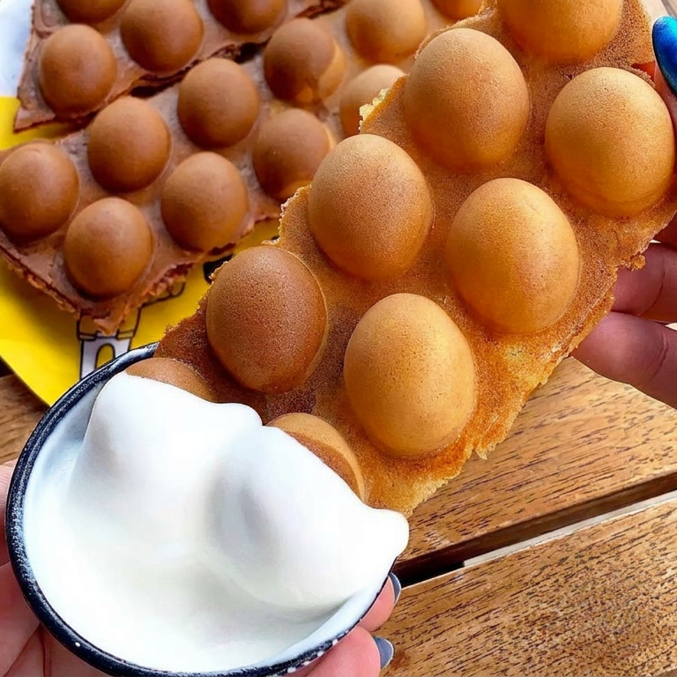 Golden bubble waffle held over a bowl of whipped cream, with another waffle on a yellow plate atop a wooden table.