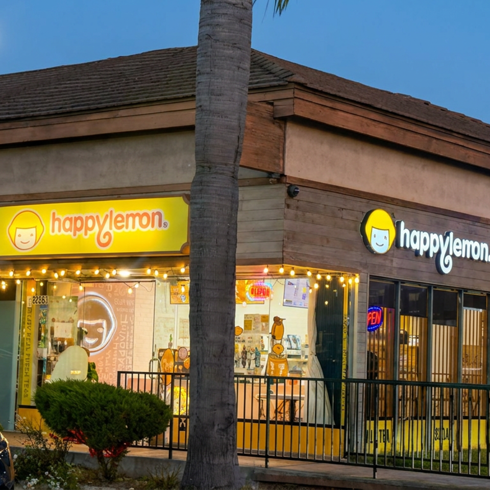 Happy Lemon beverage shop storefront at dusk, with illuminated signs, string lights, palm tree, and parked car.