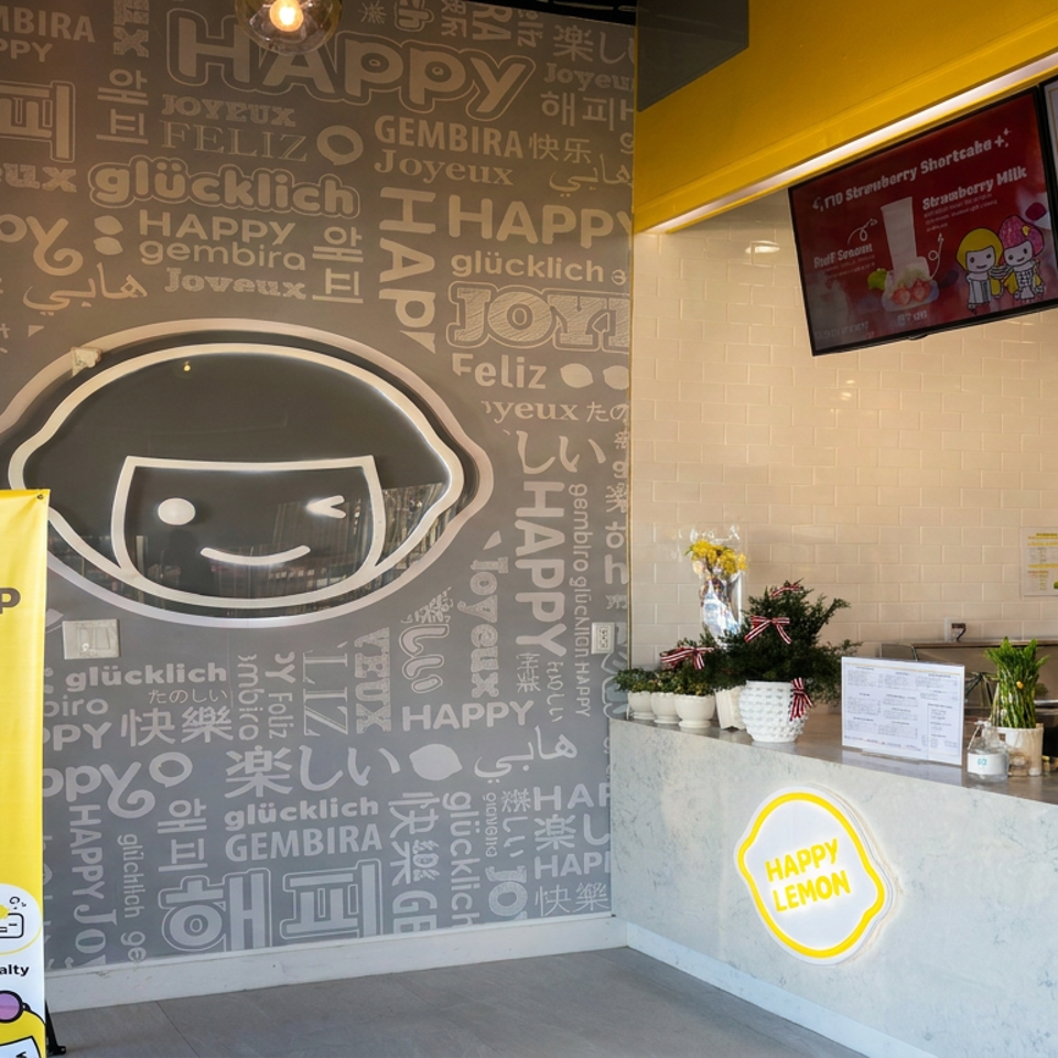 Bright Happy Lemon restaurant interior with patterned mascot wall, mobile app poster, illuminated counter sign, menu screens, and beverage equipment.