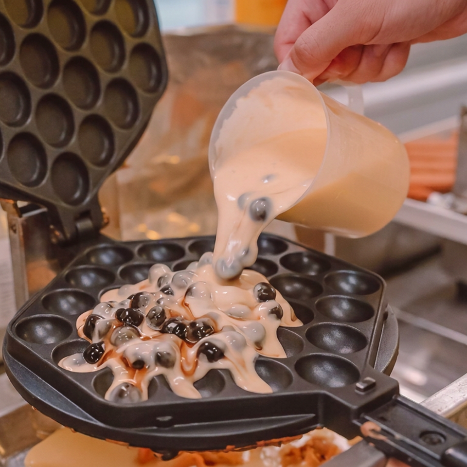 Batter with black tapioca pearls is poured into a round bubble waffle iron at a food preparation counter.