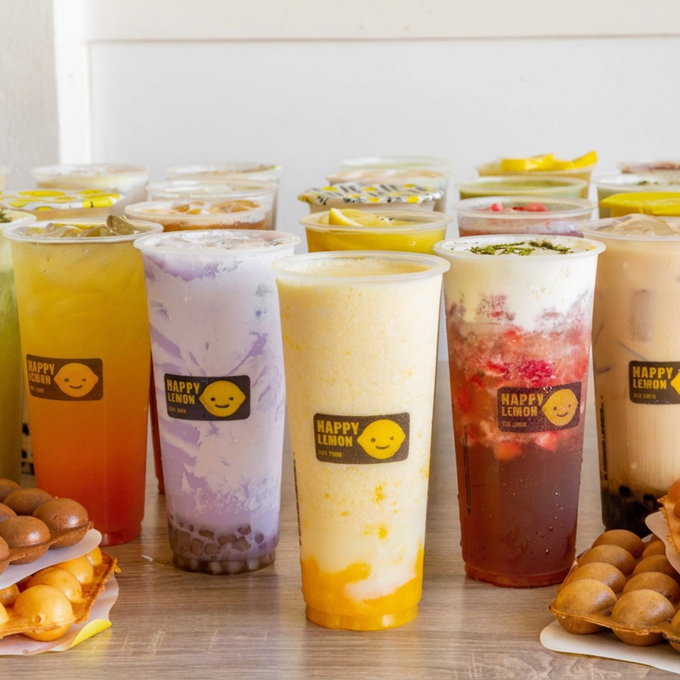 Assortment of colorful Happy Lemon drinks and stacked bubble waffles arranged on a wooden table.