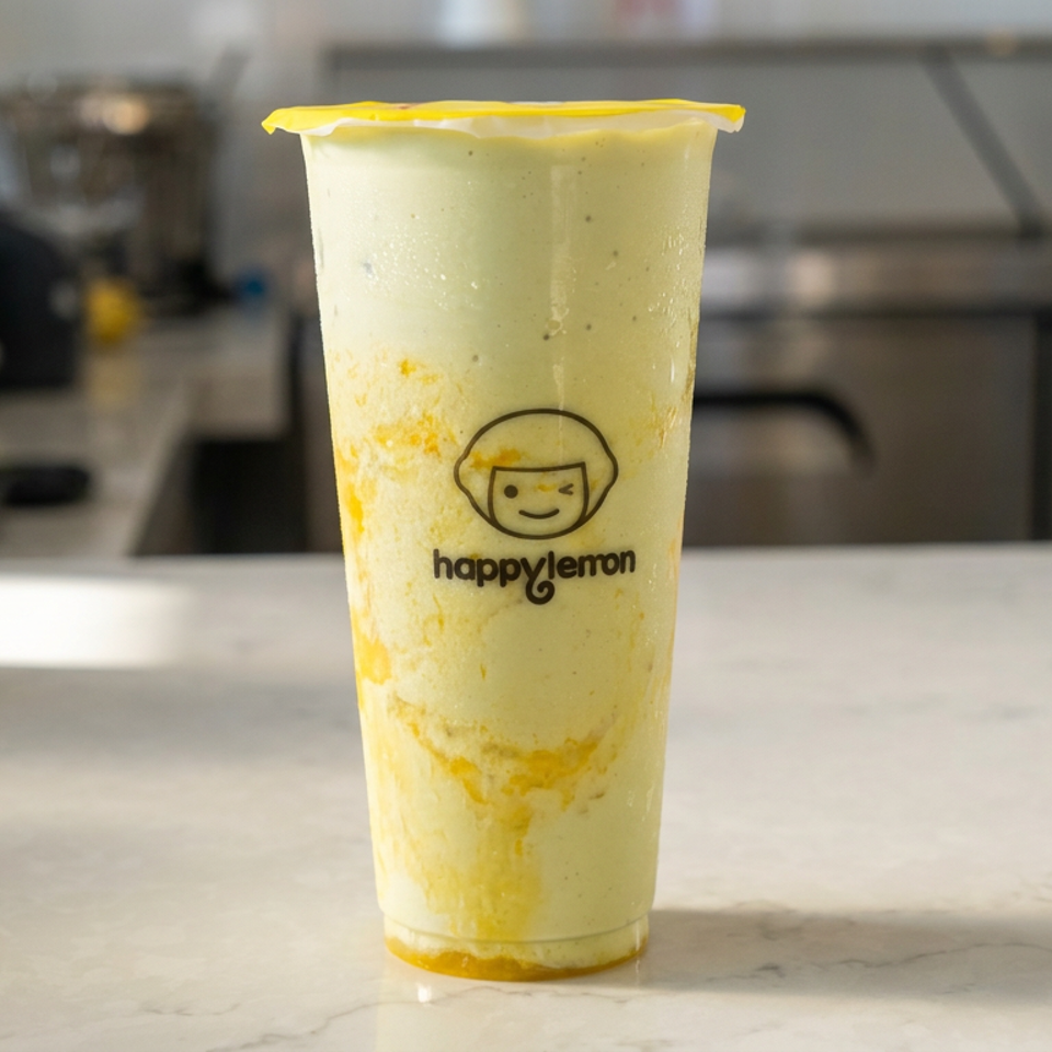 Yellow blended lemon drink in a clear Happy Lemon cup, topped with lemon zest, sits on a café counter.