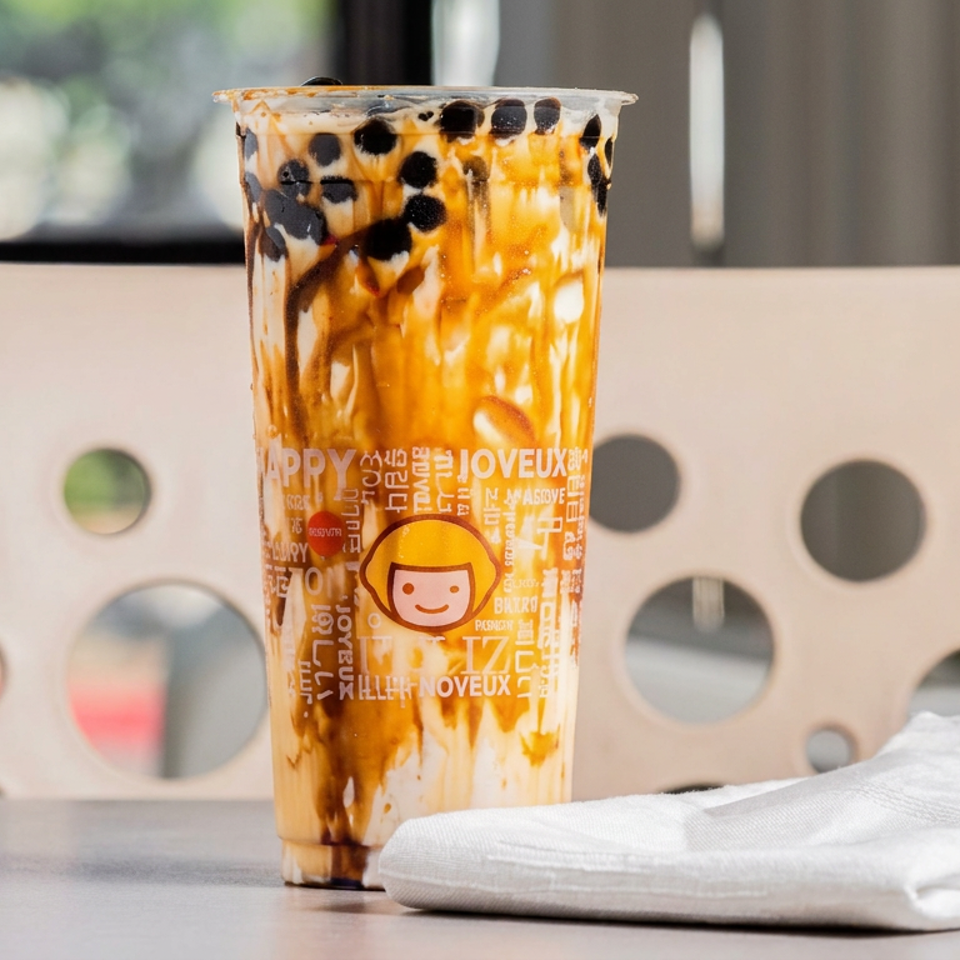 Caramel-drizzled bubble tea with tapioca pearls in a branded cup, set on a table beside folded white napkins.