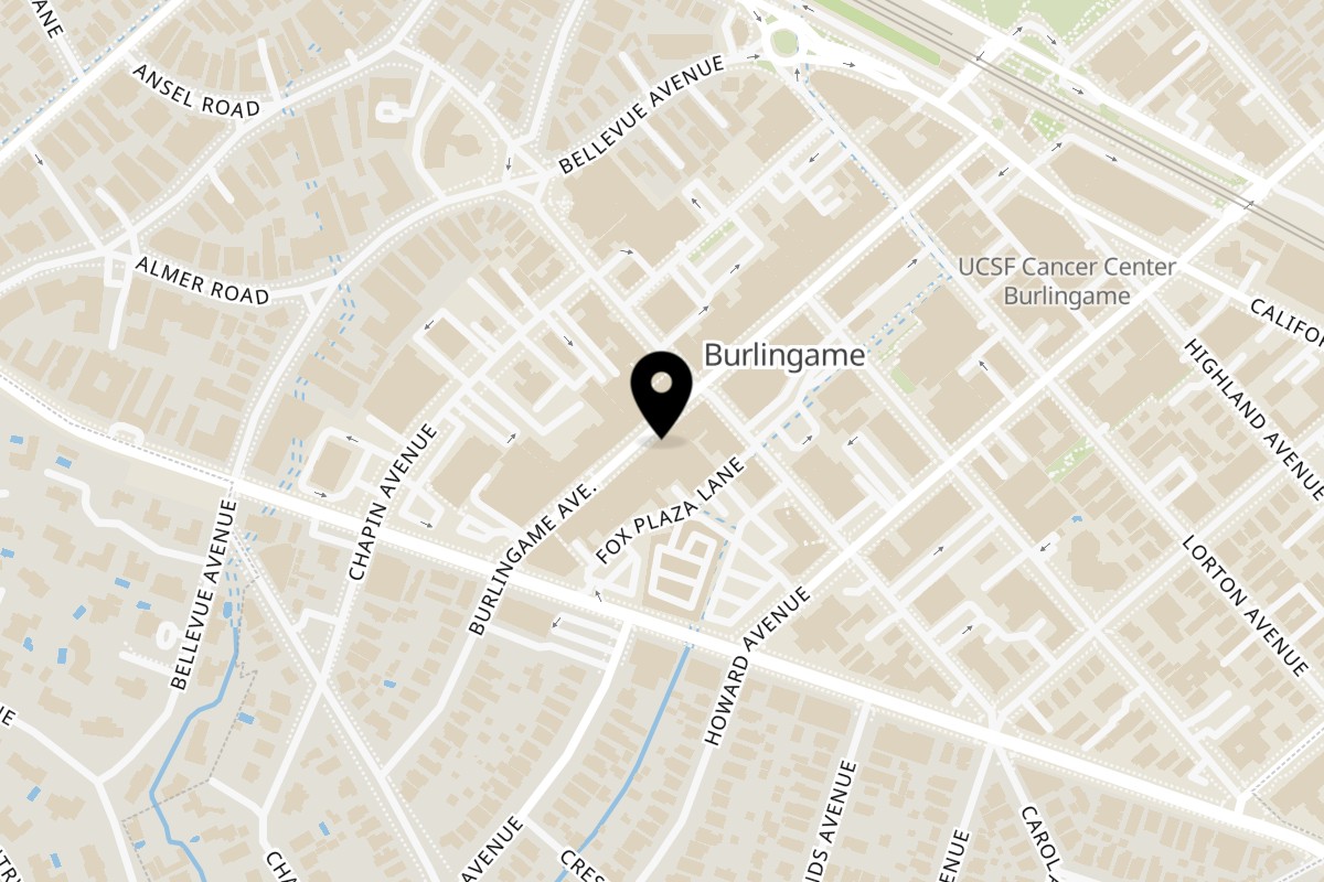 Map showing the location of Happy Lemon Burlingame on 1419 Burlingame Ave Ste a in Burlingame